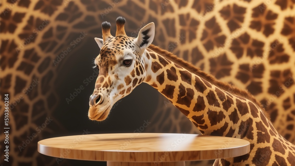 Naklejka premium Giraffe with Patterned Neck, Gazing at Golden Podium Mockup for Cosmetics, Products, Perfumes or Jewelry Against Matching Patterned Background