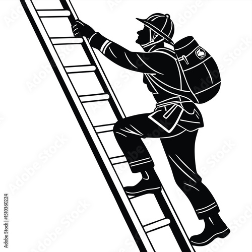 Firefighter climbing ladder black silhouette transparent background, silhouette