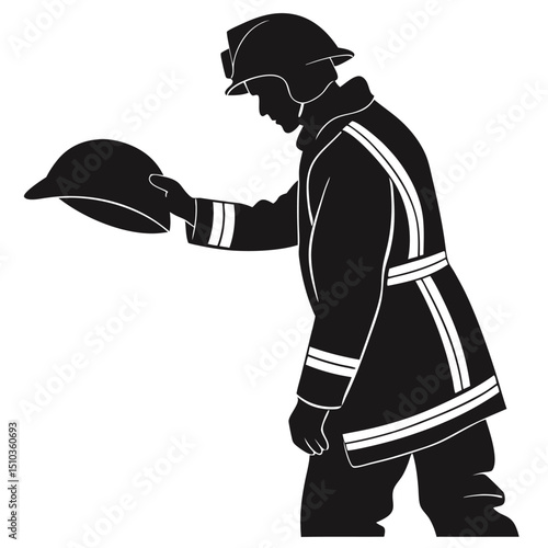 Firefighter holding helmet in hand black silhouette transparent background, silhouette