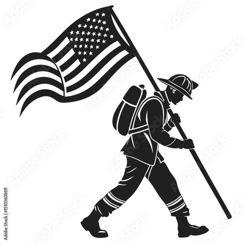Firefighter leading parade black vector transparent style transparent background, silhouette