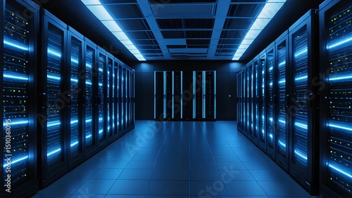 Modern data center with illuminated server racks in blue light