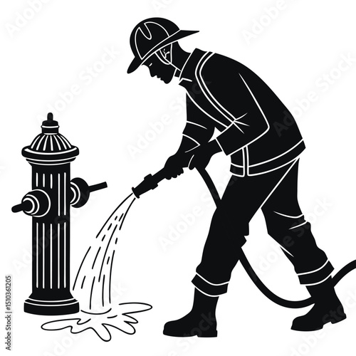 Firefighter opening fire hydrant black vector icon transparent background, silhouette