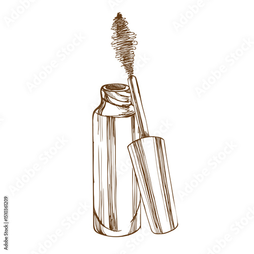 Women black mascara bottle ink graphics illustration. Hand drawn lady decorative make up tool for eye lashes, vector drawing in line art style, female face care tool silhouette for banner, beauty salo