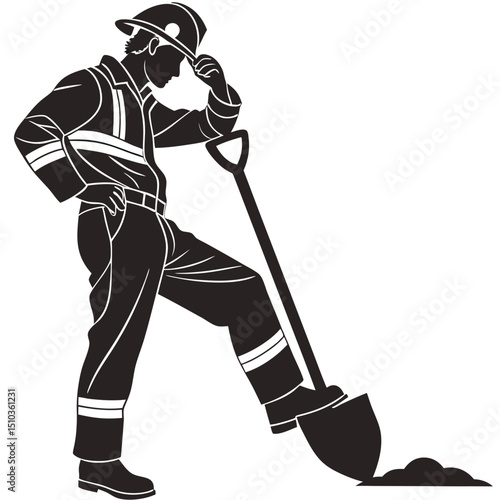 Firefighter leaning on shovel black vector pose transparent background, silhouette