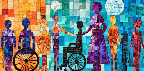 Empowerment through art: symbols of disability on a lively backdrop.