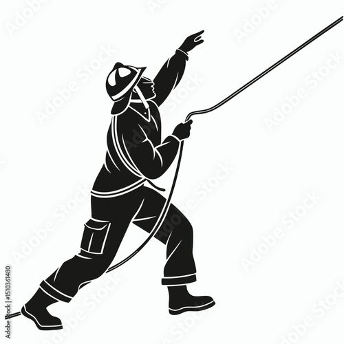 Firefighter pulling safety line black silhouette transparent background, silhouette
