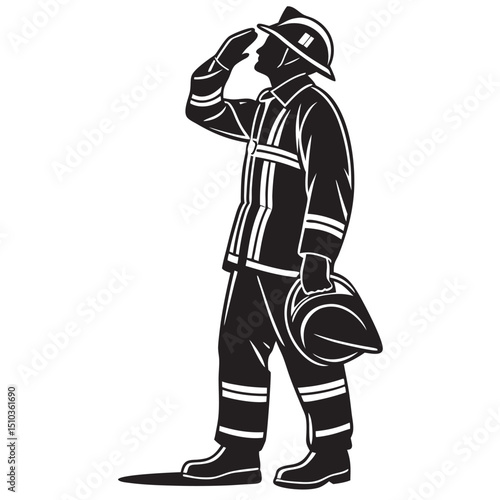 Firefighter saluting black body white transparent design transparent background, silhouette
