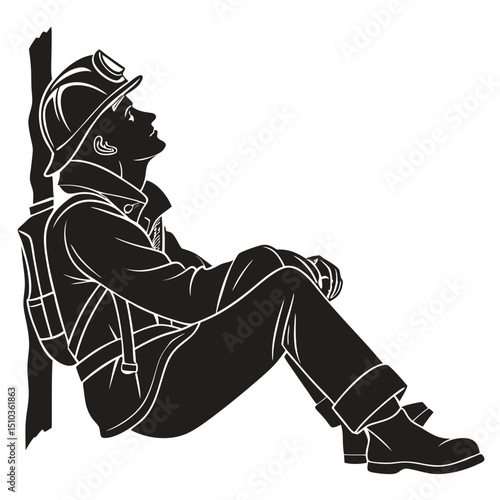 Firefighter sitting and resting black vector artwork transparent background, silhouette