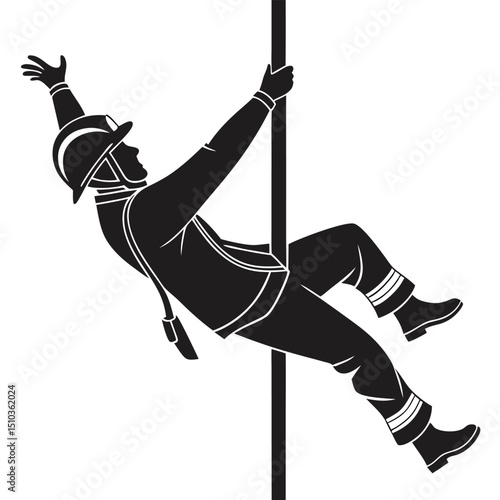 Firefighter sliding down pole black vector figure transparent background, silhouette