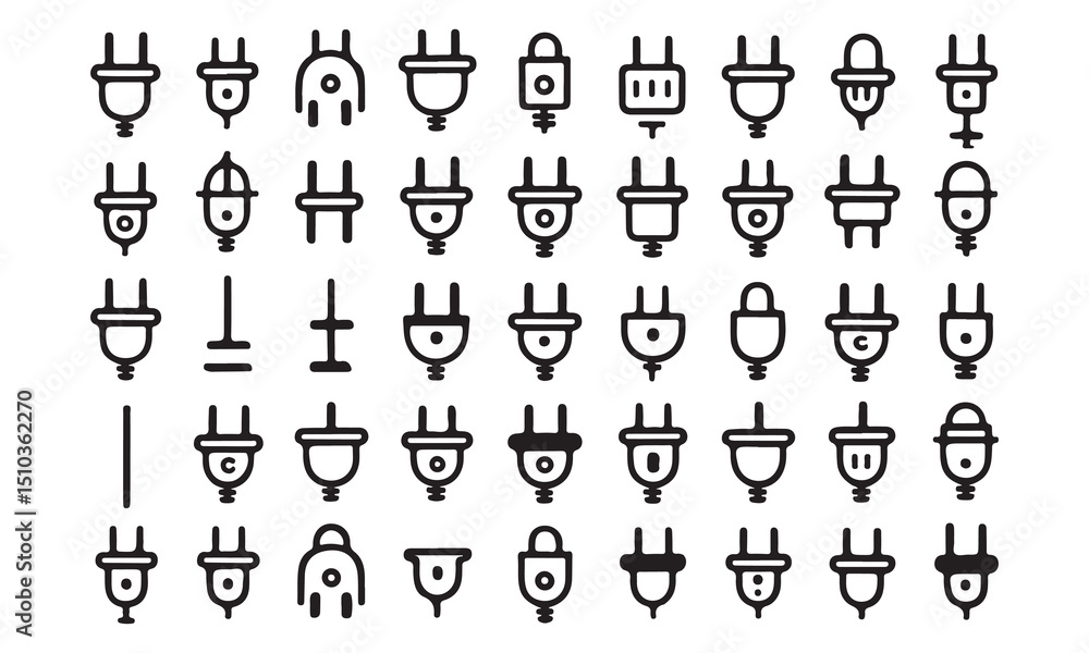 A collection of various black and white electrical plug icons on white A collection of various black and white electrical plug icons on white
