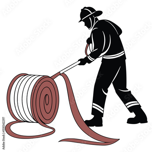 Firefighter unrolling large fire hose black silhouette transparent background, silhouette