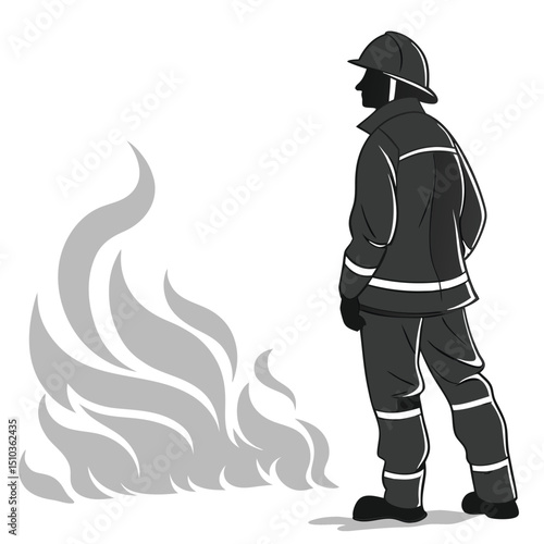 Firefighter watching controlled burn black style transparent background, silhouette