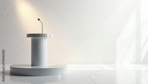 a simple, minimalist podium with a microphone sits in a brightly lit space. The setting is clean and uncluttered, the focus entirely on the presentation aspect