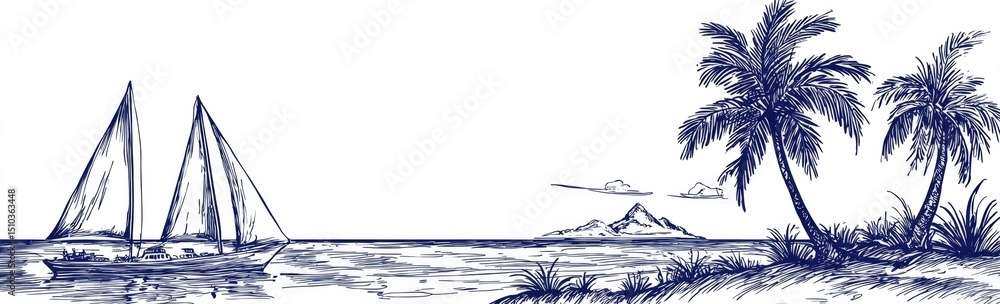 Fototapeta premium Hand-drawn seascape featuring palm trees and yachts.