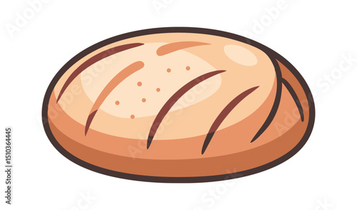 Cartoon Illustration of a Single Oval Loaf of Crusty Brown Bread Isolated