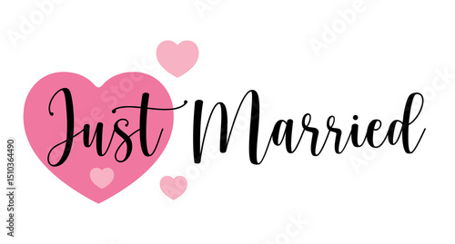 Just Married. Hand drawn typography with pink heart