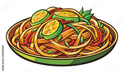 Cartoon Illustration of Pad Thai Noodles in Bowl with Limes and Red Peppers