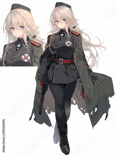 Blonde anime girl in black red green military uniform, showcase details from two angles.
