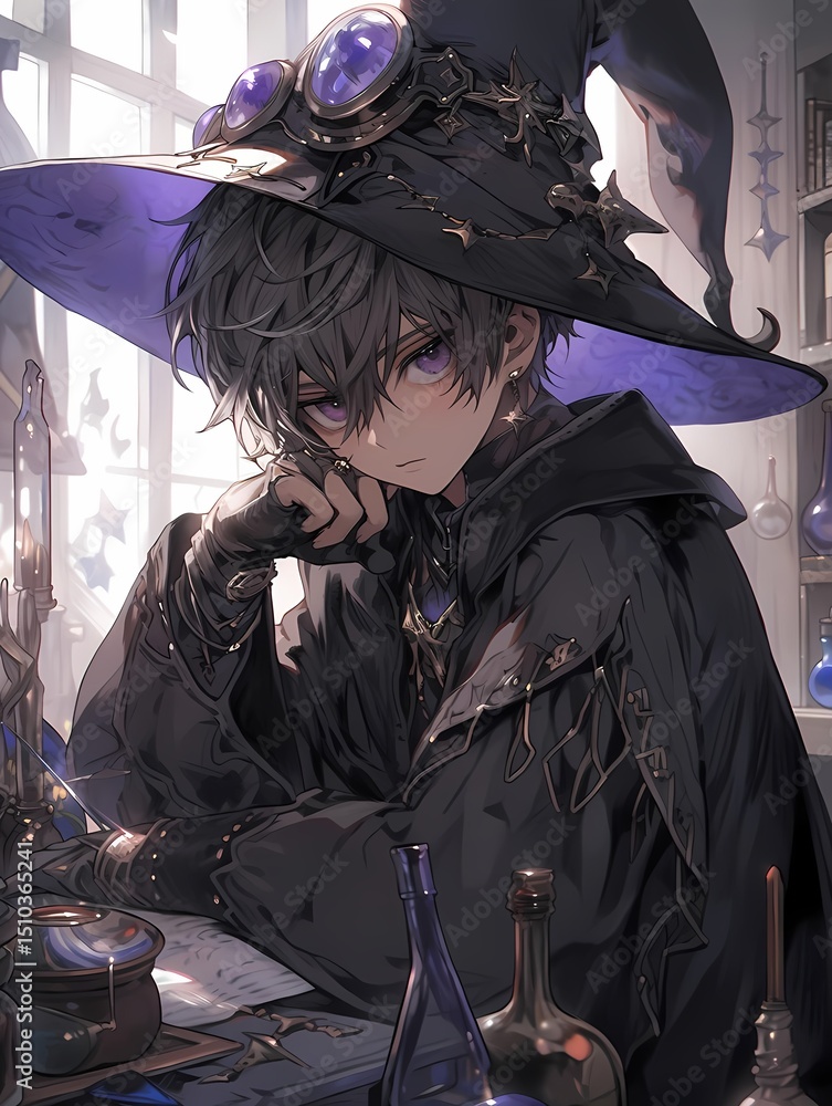 Obraz premium Anime character, young wizard, cluttered desk, potions, books, cozy room.