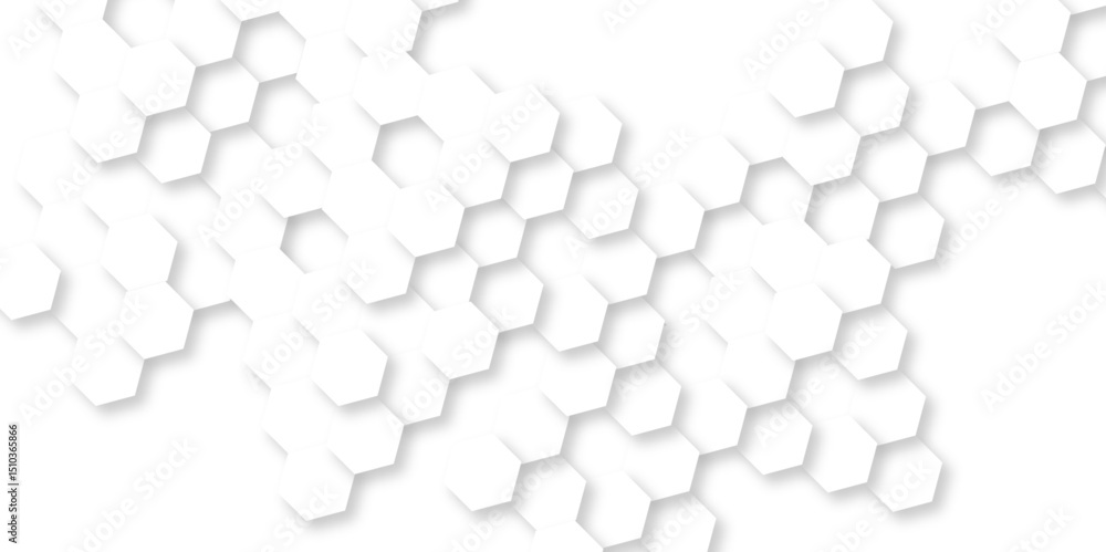 Minimal white hexagonal hexagon modern technology creative emboss light honeycomb polygonal web. abstract geometric science and mosaic tile with template texture background.	
