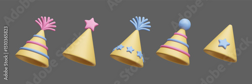 Set of cute yellow birthday triangle conic hats vector icon set. 3D surprise party striped hats, happy birthday caps with stars and tassels isolated on dark background. Festive celebration decor set.