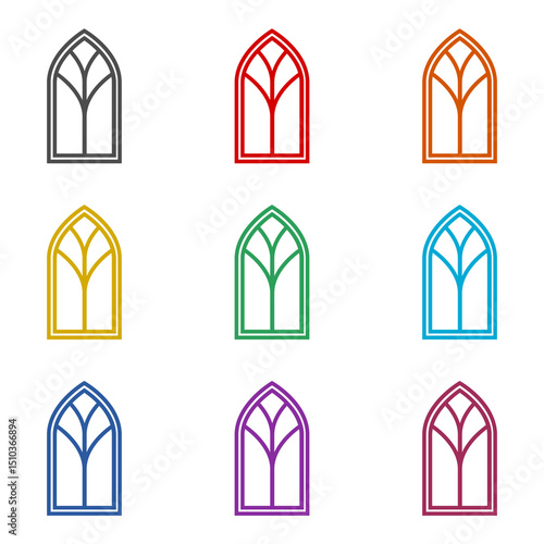 Stained glass window icon isolated on white background. Set icons colorful