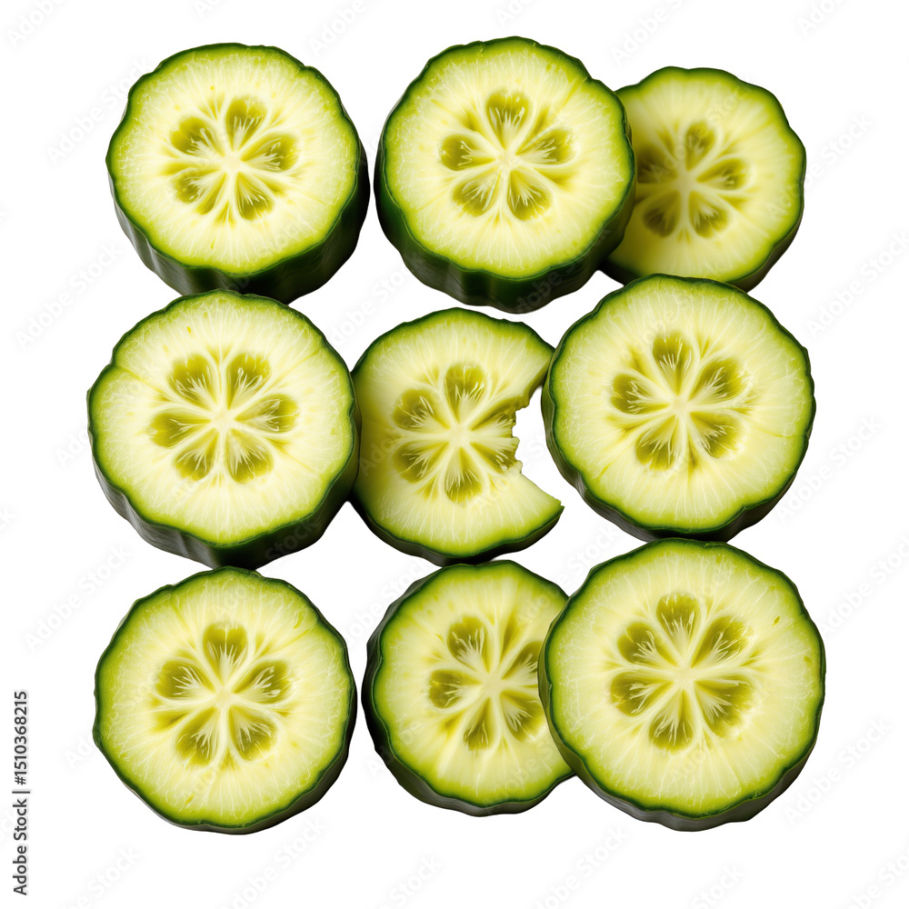 Fresh and Crisp Sliced Cucumbers Arranged in a Beautiful Pattern on a Bright Background Fresh and Crisp Sliced Cucumbers Arranged in a Beautiful Pattern on a Bright Background