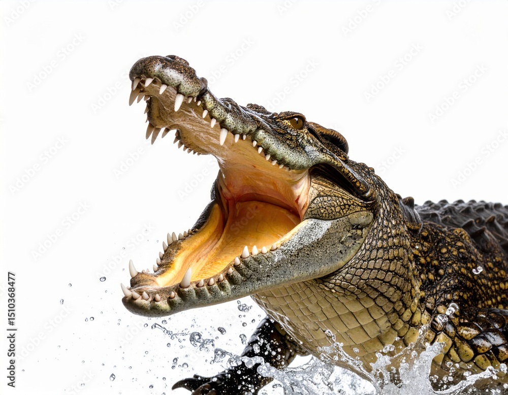 Obraz premium An enormous crocodile bursts upward from the water with its mouth wide open, showcasing teeth and scales against a solid white background, looking fierce.