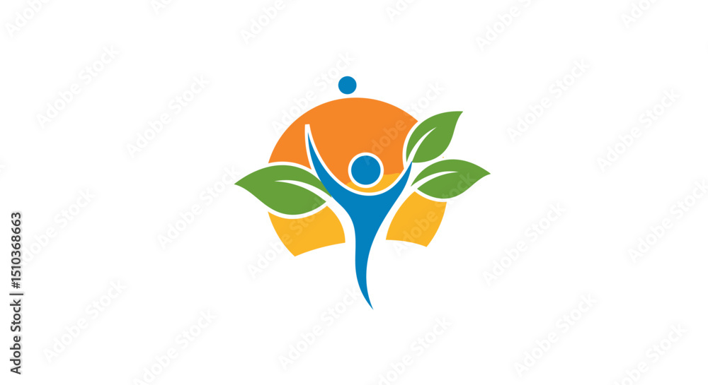 Fototapeta premium Abstract Figure with Raised Arms Sun and Leaves Logo