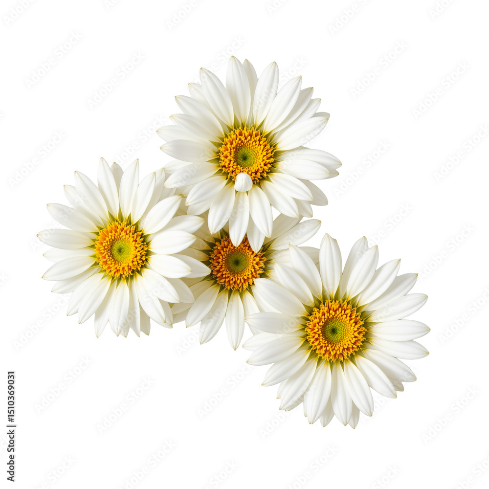 Fototapeta premium Beautiful White Daisies with Yellow Centers Isolated on a White Background for Nature and Floral Themes