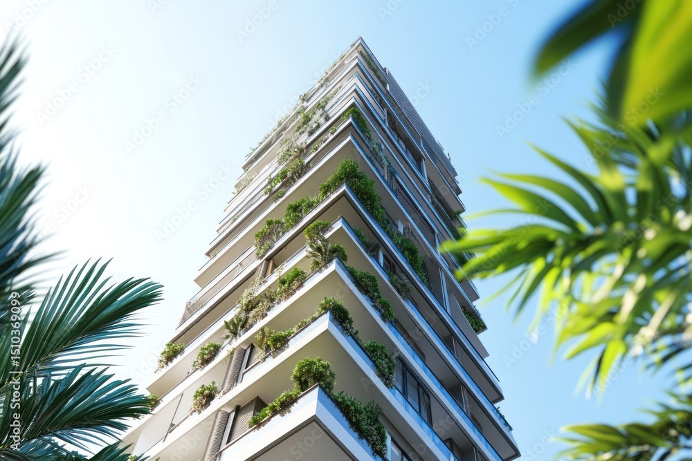 Obraz premium Modern luxury apartment building with green balconies against a clear sky backdrop providing a stunning architectural view