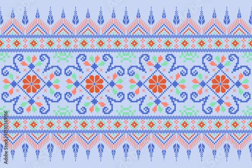Cross stitch pattern concept showcasing traditional ethnic geometric pattern, Design for textile, background,carpet,wallpaper,clothing,wrapping,Batik,fabric,Vector illustration	
