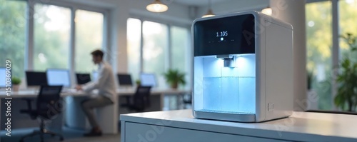 A modern office water cooler dispenser, dispensing refreshing, chilled water Perfect for hydration and workplace refreshment Clean, sleek design , contemporary, pantry, filtered water