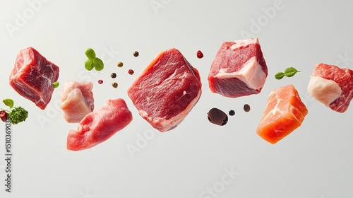 Fresh meat cuts and spices levitate against a light background