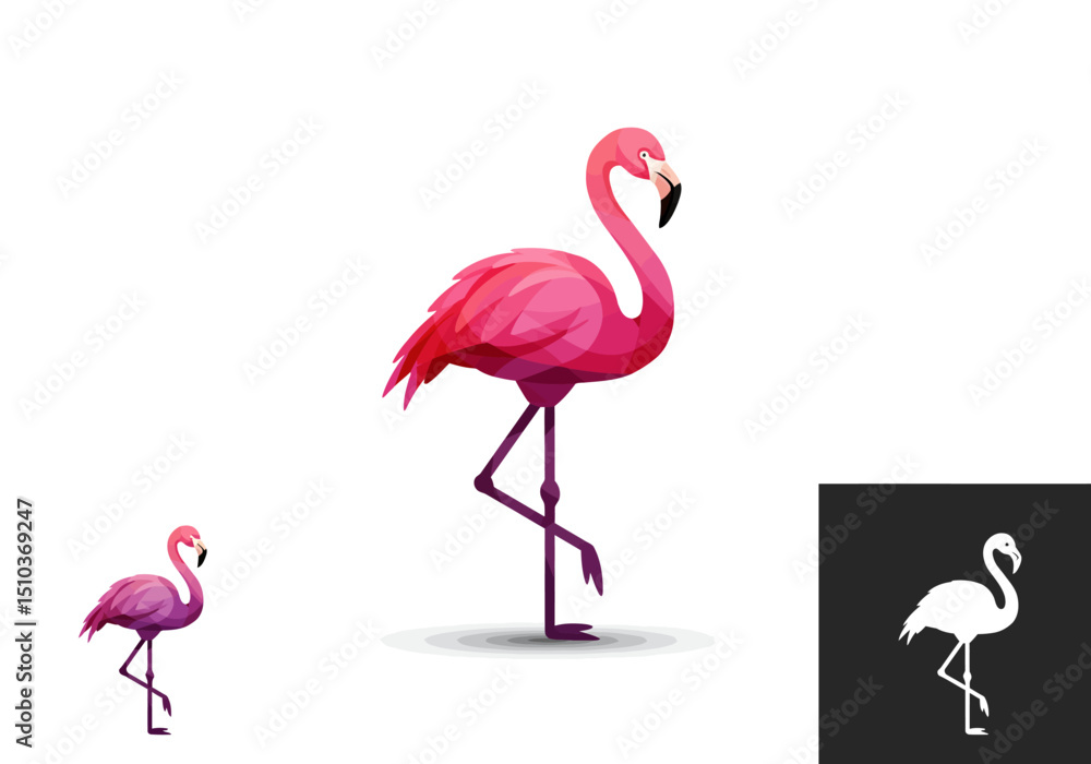 Obraz premium Geometric Flamingo Illustration with Silhouette and Smaller Version
