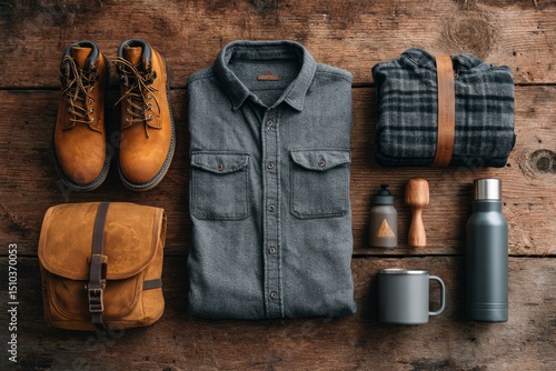 Outdoor Adventure Gifts. Outdoor men's outfit and gear including boots, shirt, backpack, and mug laid out on rustic wood surface, styled for hiking or camping.