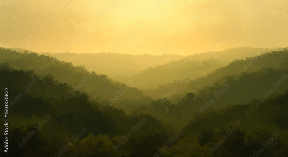 Obraz premium Misty Forested Valley Atmospheric Haze Warm Light Digital Illustration