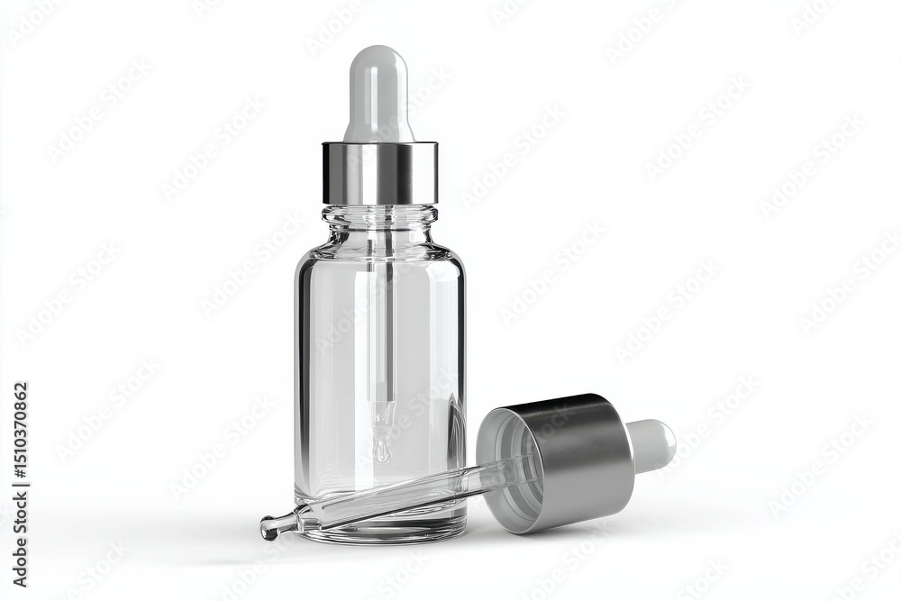 Fototapeta premium Glass dropper bottle with silver cap and pipette, ideal for essential oils, serums, and skincare products, on a white background, showcasing elegance and simplicity