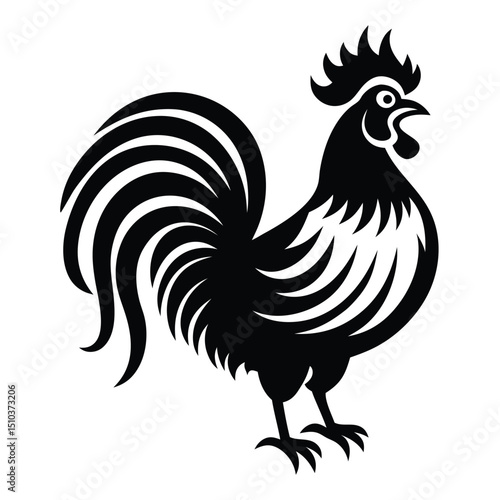 A striking black silhouette of a rooster with detailed feather patterns, perfect for farm-themed designs