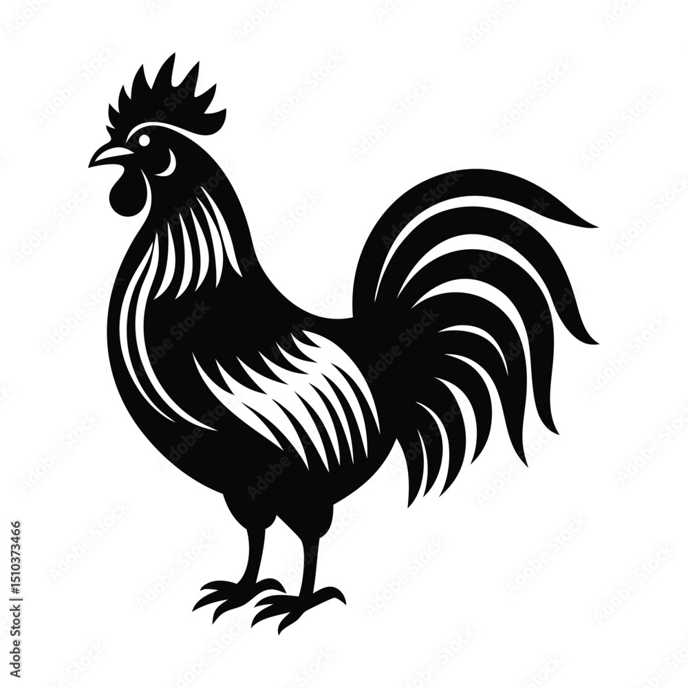 A striking black silhouette of a rooster with detailed feather patterns, perfect for farm-themed designs A striking black silhouette of a rooster with detailed feather patterns, perfect for farm-themed designs