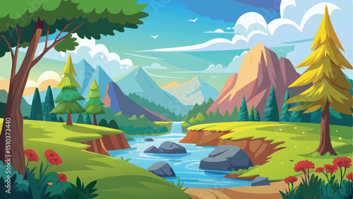 Cartoon Mountain Landscape with River, Trees, Flowers, Rocks, and Birds Flying Overhead