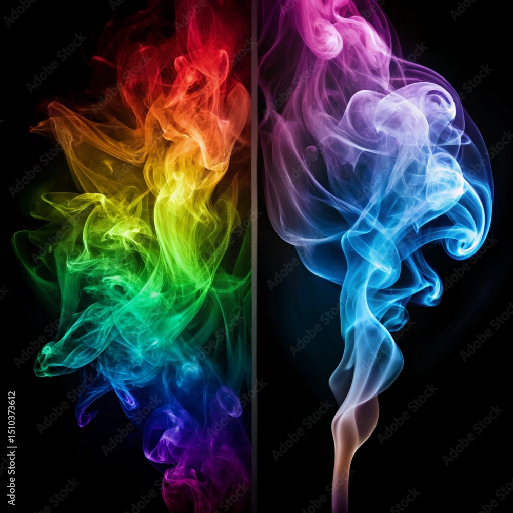 Vibrant, colorful smoke swirls against a dark background, divided into two halves Vibrant, colorful smoke swirls against a dark background, divided into two halves