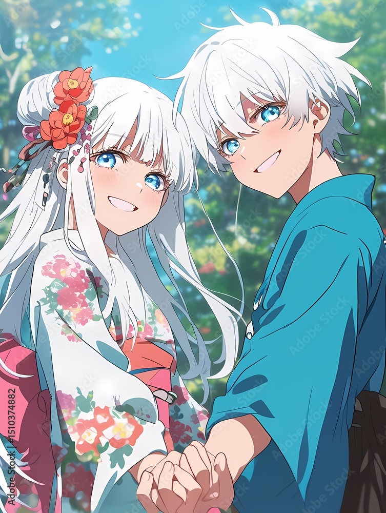 Anime style siblings, boy with short white hair, girl with long white hair, flower accessory, smiling, holding hands, sunny garden. Anime style siblings, boy with short white hair, girl with long white hair, flower accessory, smiling, holding hands, sunny garden.