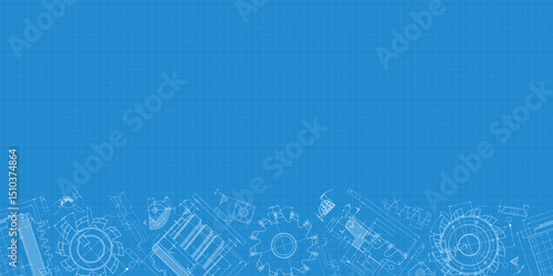 Mechanical engineering drawings on blue background. Cutting tools, milling cutter. Technical Design. Cover. Blueprint. Horizontal seamless pattern. Vector illustration.