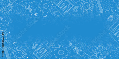 Mechanical engineering drawings on blue background. Cutting tools, milling cutter. Technical Design. Cover. Blueprint. Vector illustration.