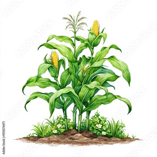Beautiful watercolor painting of ripe corn plants growing in garden soil.