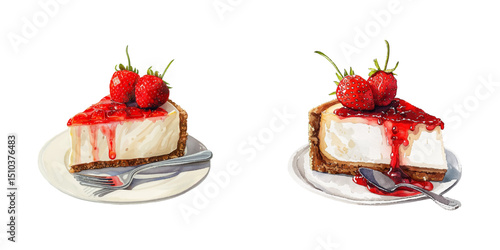 cheesecake with strawberry jam watercolor vector illustration