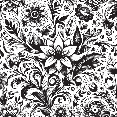 Wallpaper Mural Seamless Floral Pattern Vector in Classic Black & White Torontodigital.ca