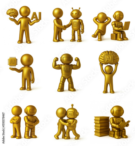 Set of golden 3D icons showing human and AI robots collaborating, thinking, working, and learning. 3D style. AI, human, robot, icons, teamwork, intelligence, brain, computer, gold, tech, golden