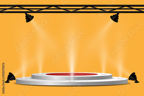 Glowing spotlights and stage and podium lighting.